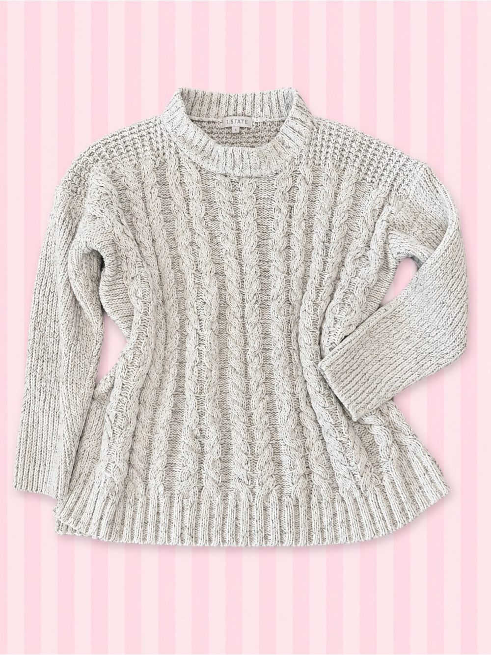 1.STATE Chunky Cable Knit Sweater Size Small | Cozy Cream Gray Fisherman Sweater